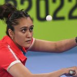 Manika Batra of India in action during the group match of Table Tennis