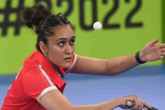 Manika Batra of India in action during the group match of Table Tennis