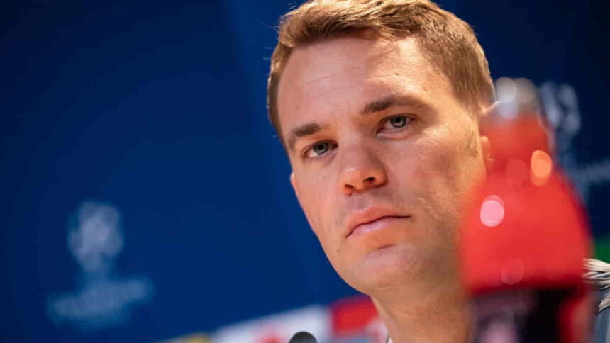 Bayern Munich's player Manuel Neuer attends a press conference for the upcoming UEFA Champions League Round of 16 second leg match between FC Bayern Munich