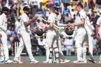 Australia's Scott Boland and Steve Smith,shake hands with Indian players after India won the first cricket test match against Australia in Nagpur,on Saturday