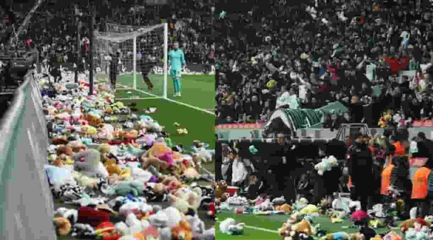 Fans shower football field with toys for quake-hit children in Turkiye.(photoTwitter)