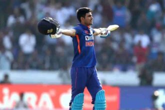 Indian batsman Shubman Gill celebrates after scoring double century during the match against New Zealand.(PhotoICC)