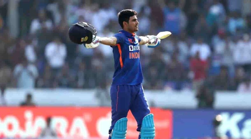 Indian batsman Shubman Gill celebrates after scoring double century during the match against New Zealand.(PhotoICC)