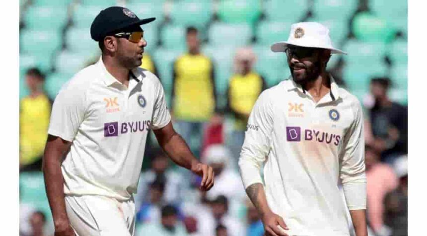 Jadeja and Ashwin leave the field after the end of Australia's innings during the first day of the first cricket test match between India and Australia in Nagpur. (