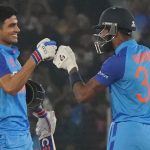 Shubhman Gill congratulated by teammate Hardik Pandya after scoring a century during the third T20 international cricket match between India and New Zealand in Ahmedabad, on Wednesday, Feb. 1, 2023.