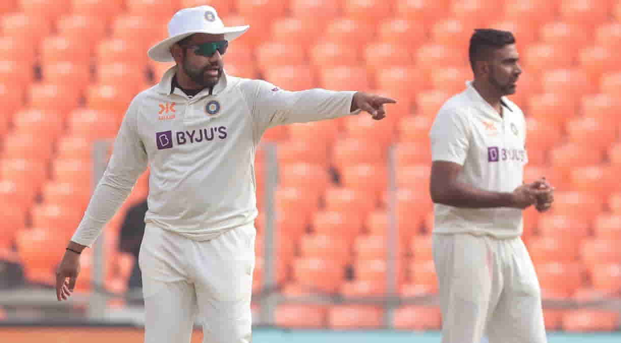 Captain Rohit Sharma with India's Ravichandran Ashwin during the fifth day of the fourth cricket test match between India and Australia in Ahmedabad, on Monday , March 13, 2023.(PhotoRaj KumarIANS)