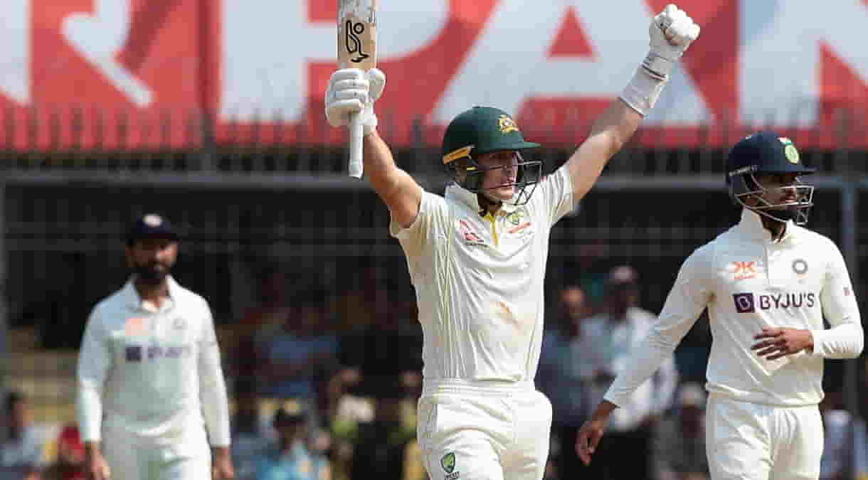 Indore Australia's Marnus Labuschagne celebrate after winning the third cricket test match against India in Indore,on Friday, March 3, 2023.(PhotoRaj KumarIANS)