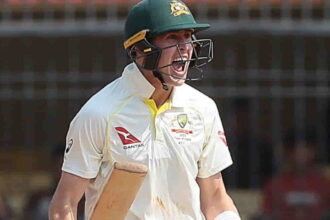 Australia's Marnus Labuschagne, celebrates after winning the third cricket test match against India in Indore,on Friday