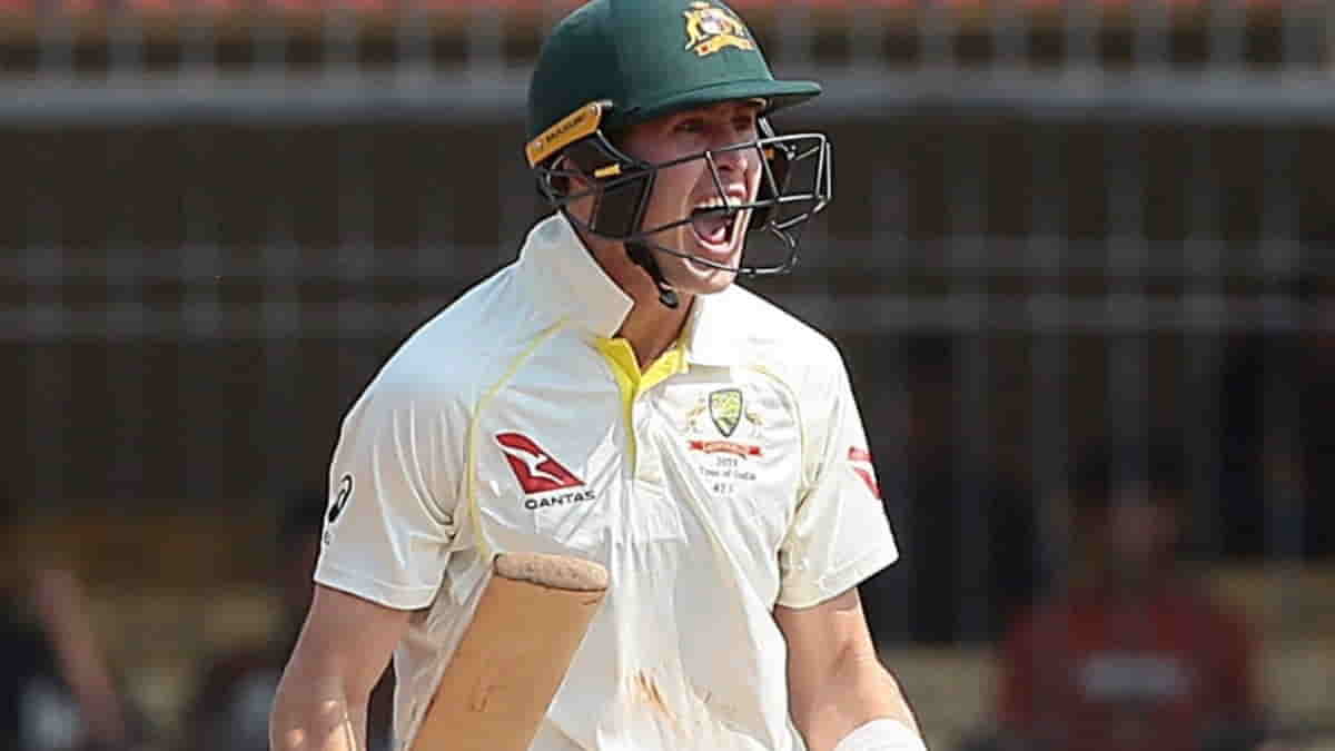 Australia's Marnus Labuschagne, celebrates after winning the third cricket test match against India in Indore,on Friday