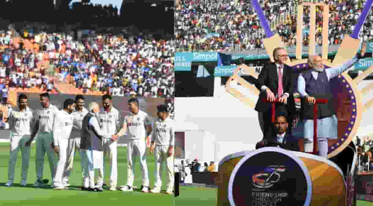 PM Modi and Team India perform the national anthem at the Narendra Modi Stadium (Photo: Twitter/NarendraModi)