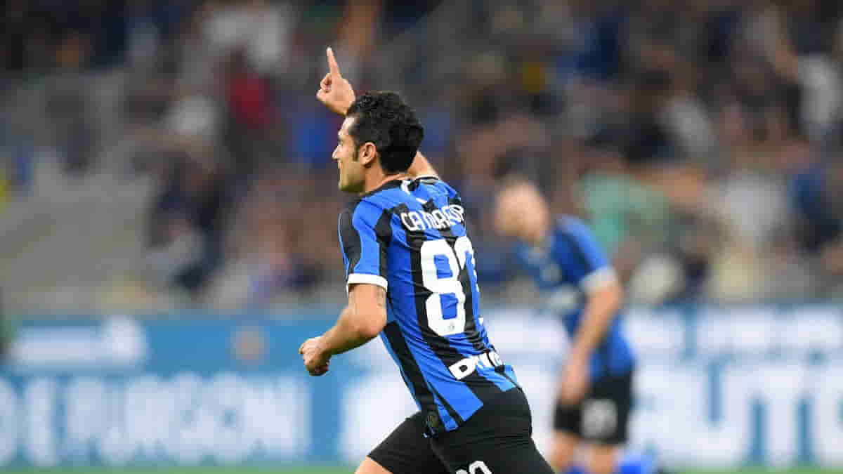MILAN, Oct. 27, 2019 (Xinhua) -- FC Inter's Antonio Candreva celebrates during a Serie A soccer match between FC Inter and Parma in Milan, Italy, Oct. 26, 2019. (Photo by Alberto LingriaXinhuaIANS)