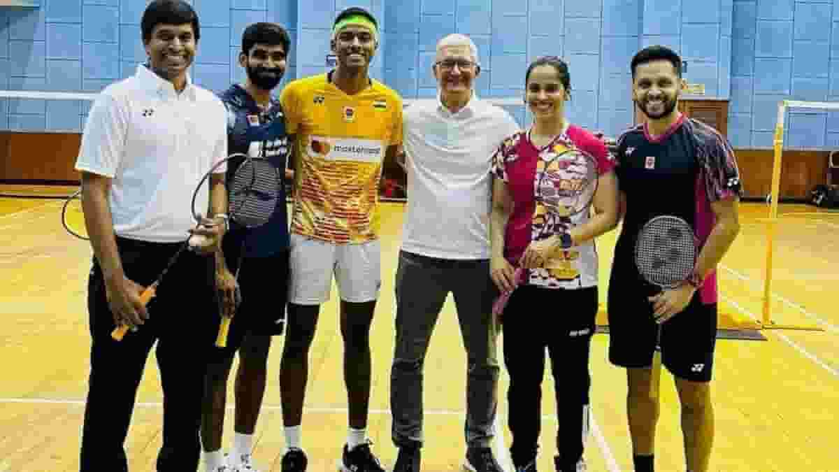 Tim Cook, CEO of Apple, "Served, Smashed" with Saina Nehwal and Pullella Gopichand