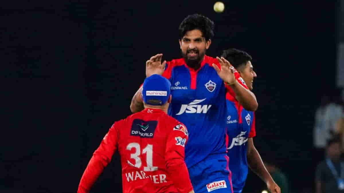 Delhi Capitals' Ishant Sharma and captain David Warner celebrate their win in the IPL 2023 match between Delhi Capitals and Gujarat Titans (Photo S