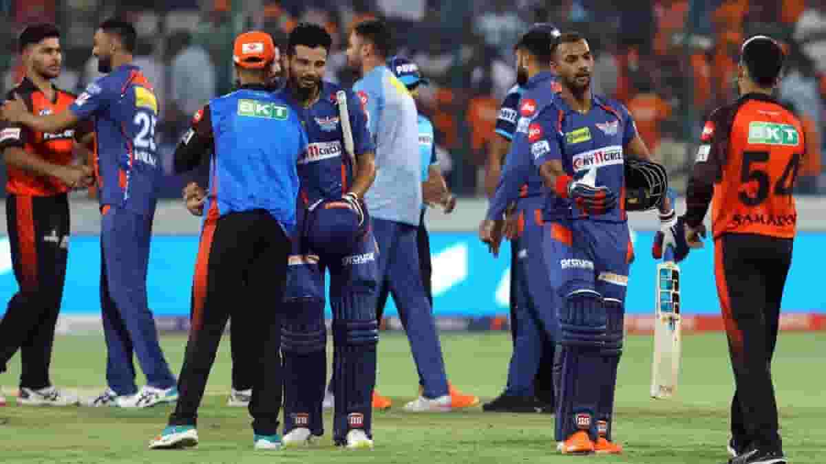 Players greet each other after Lucknow Super Giants' win the IPL 2023 match against and Sunrisers Hyderabad at Rajiv Gandhi International Stadium in Hyderabad
