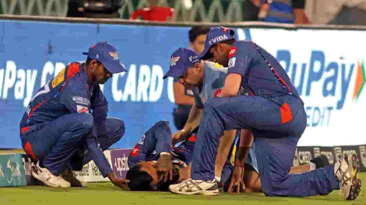 KL Rahul lies on the ground after getting injured during the IPL 2023 match between Lucknow Super Giants and Royal Challengers Bangalore (Photo IANSBiplab Banerjee)
