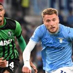 Lazio's Ciro Immobile (R) vies with Sassuolo's Ruan Tressoldi during a Serie A football match between Lazio and Sassuolo in Rome, Italy, May 3, 2023. (Photo by Augusto CasasoliXinhuaIANS)