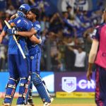 Mumbai MI's Tim David with Tilak Varma celebrate after Mumbai Indians win the IPL 2023 match against Rajasthan Royals at Wankhede Stadium, in Mumbai, on Sunday, April 30, 2023. (PhotoIANS)