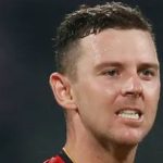Mumbai RCB's Josh Hazlewood celebrates a dismissal during the 31st match of IPL 2022 between Royal Challengers Bangalore and Lucknow Super Giants