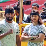 Wrestlers Bajrang Punia, Vinesh Phogat, Sangita Phogat and Sakshi Malik wear black bands during their ongoing protest