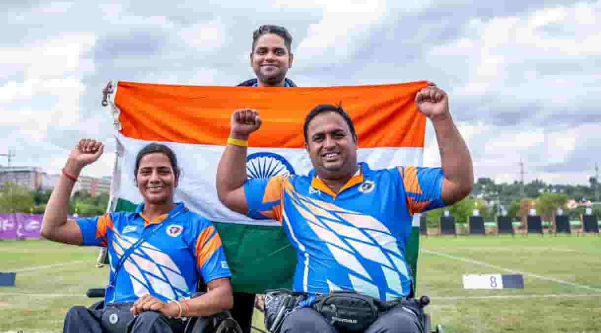 Sarita and Rakesh Kumar celebrate their gold medal in the 2023 World Archery Para Championships in Pilsen, Czech Republic. Photo credit PCI