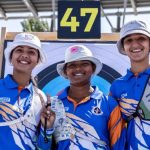 The Indian women's recurve team defeated Mexico to win the team competition bronze medal in the World Cup Stage 4 in Paris, France. Photo credit World Archery