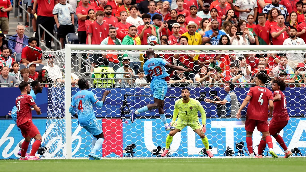 HOUSTON, TEXAS - JUNE 17: Yoane Wissa #20 of Congo DR scores his team's first goal during the FIFA World Cup 2026 Group K match between Portugal and Congo DR at Houston Stadium on June 17, 2026 in Houston, Texas. (Photo by Julian Finney - FIFA/FIFA via Getty Images)